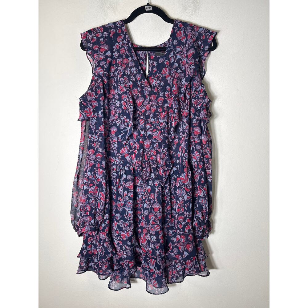 BCBG Navy and Red Cold Shoulder Long Sleeve Chiffon Mini Dresss Sz S